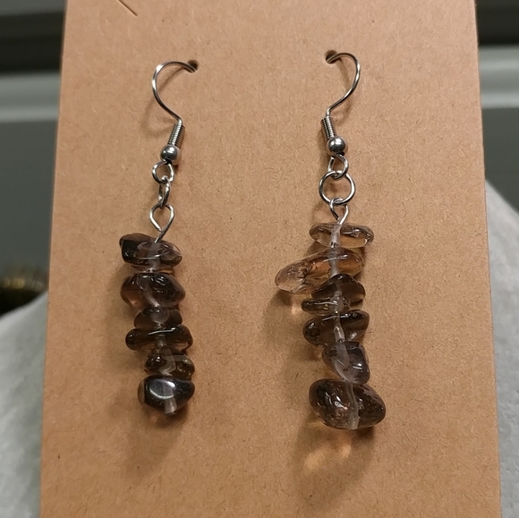 Smoky Quartz Earrings Natural Gemstone Crystal Bead Surgical Stainless-Steel - Picture 3 of 11